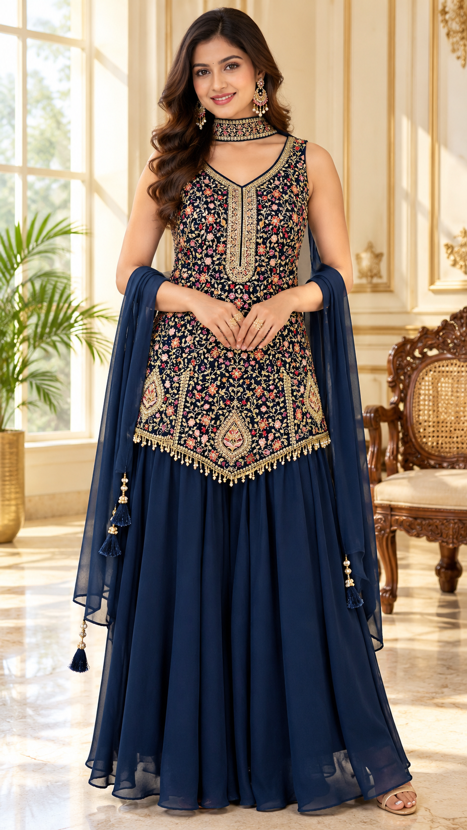 Women Dark Blue Zari Embroidered Crop Top And Sharara Set
