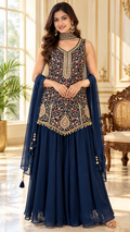 Women Dark Blue Zari Embroidered Crop Top And Sharara Set
