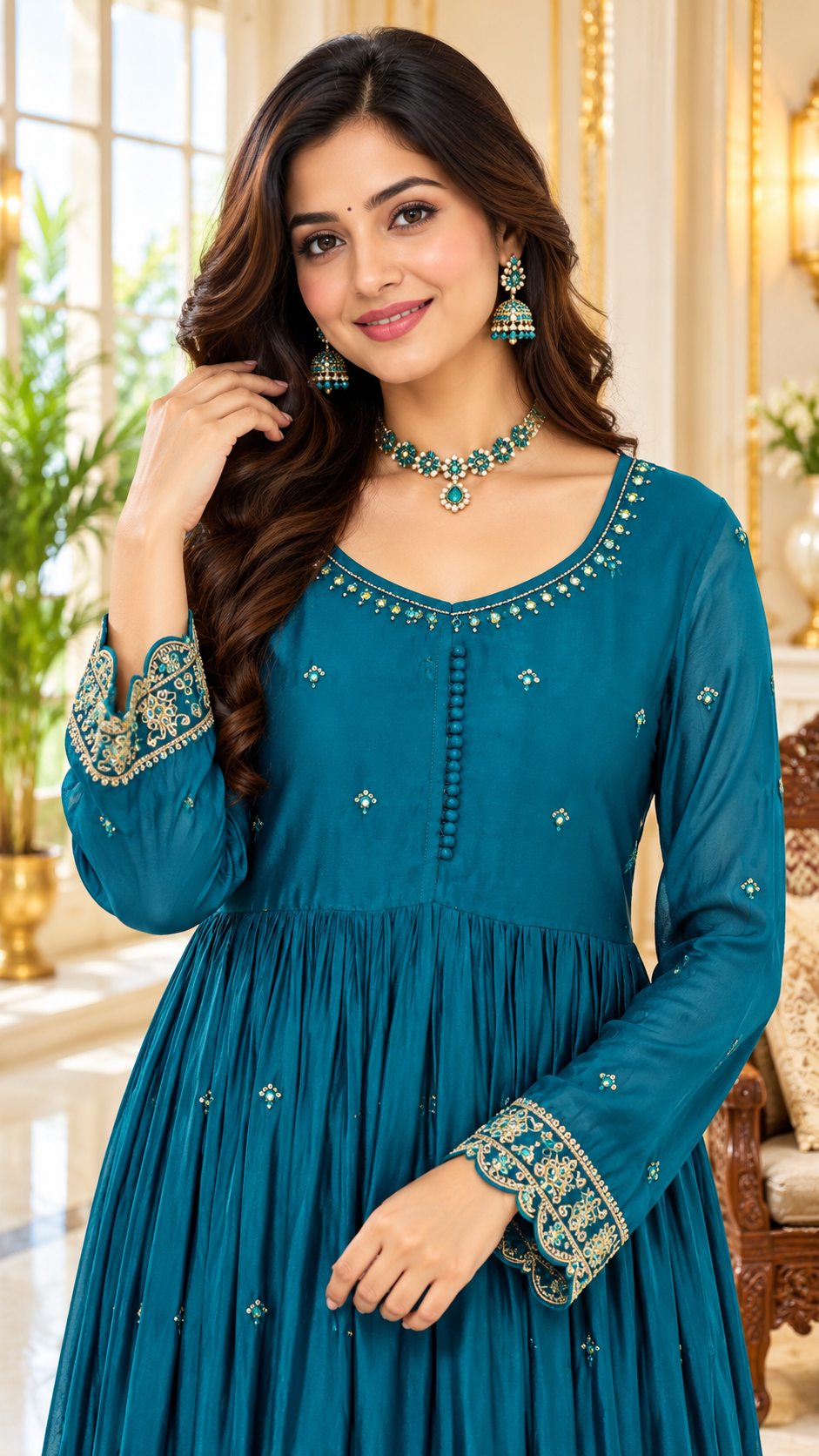 Women Teal Blue Embroidered Chinnon Anarkali Suit Pant And Dupatta