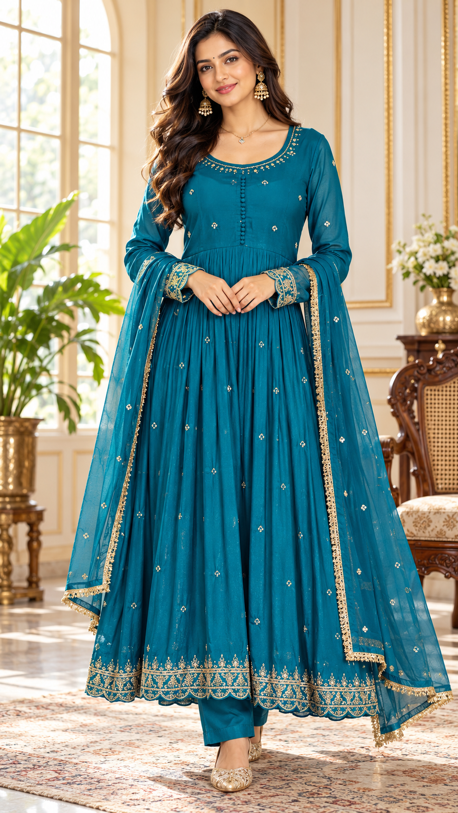 Women Teal Blue Embroidered Chinnon Anarkali Suit Pant And Dupatta
