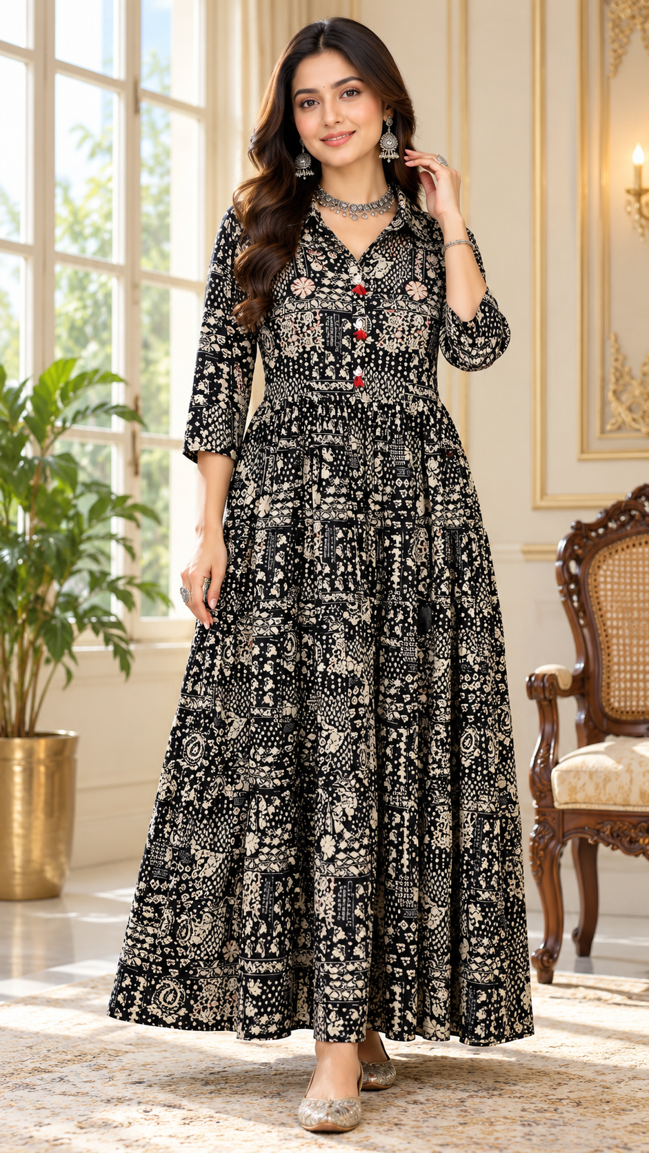 Women Black Printed Cotton Kurta Only