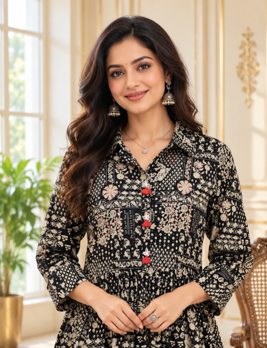 Women Black Printed Cotton Kurta Only