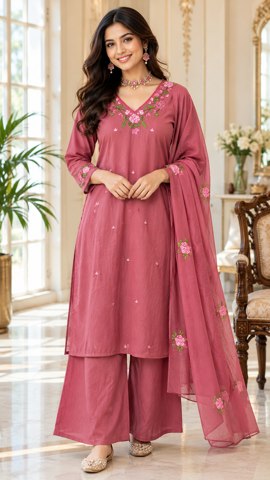 Women Pink Embroidered Cotton Kurta Pant Dupatta
