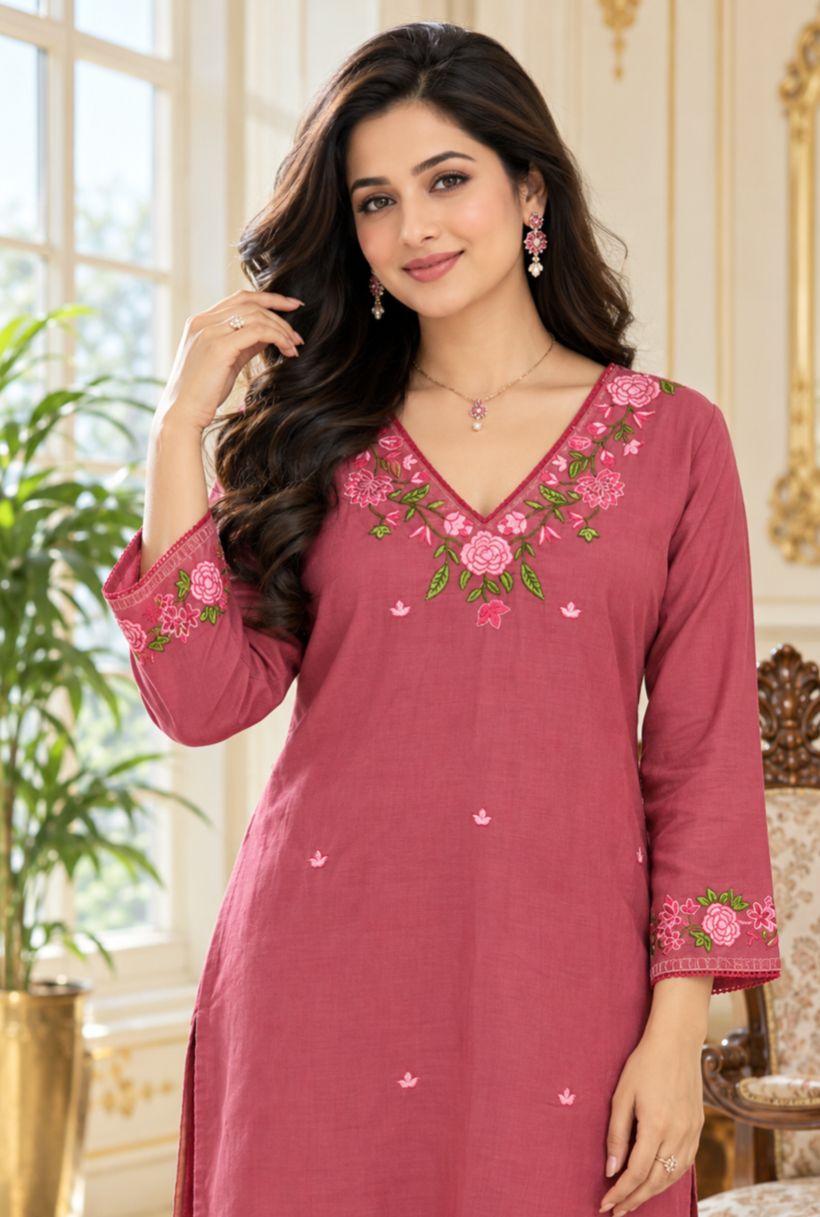 Women Pink Embroidered Cotton Kurta Pant Dupatta