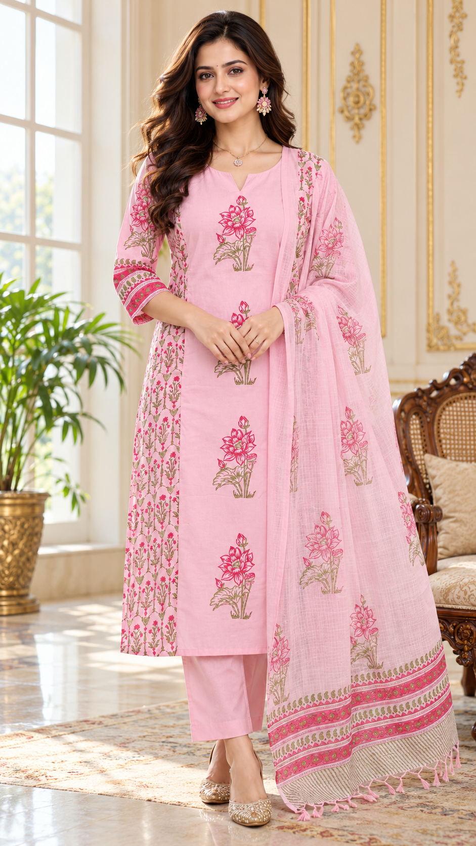 Women Pink Embroidered Cotton Kurta Pant Dupatta