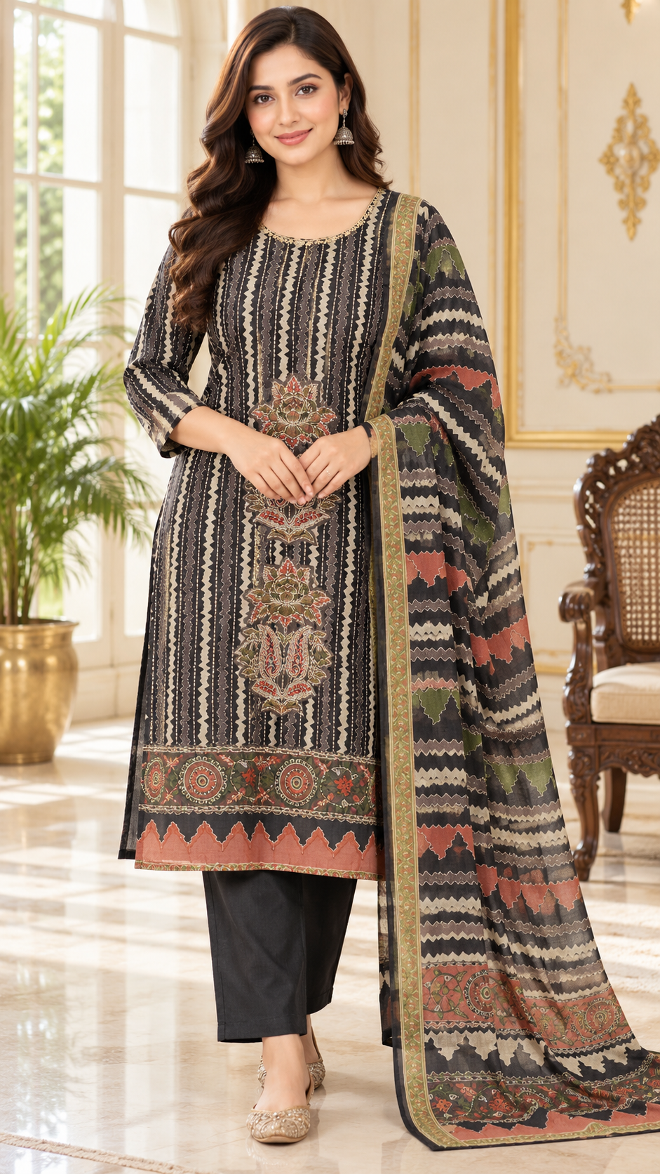 Women Black Embroidered Mul Chanderi Kurta Pant Dupatta