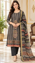 Women Black Embroidered Mul Chanderi Kurta Pant Dupatta
