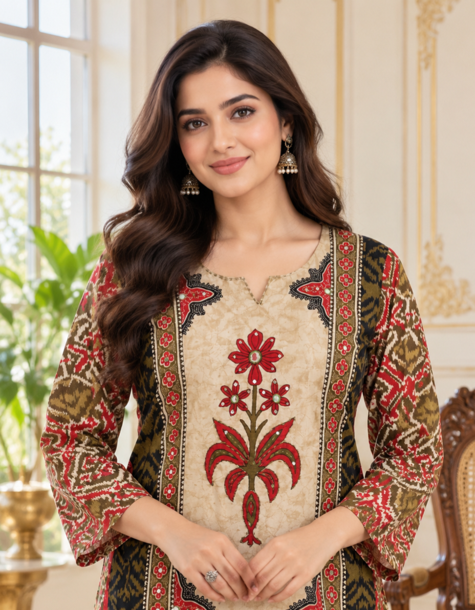 Women Beige Embroidered Cotton Kurta Pant Dupatta