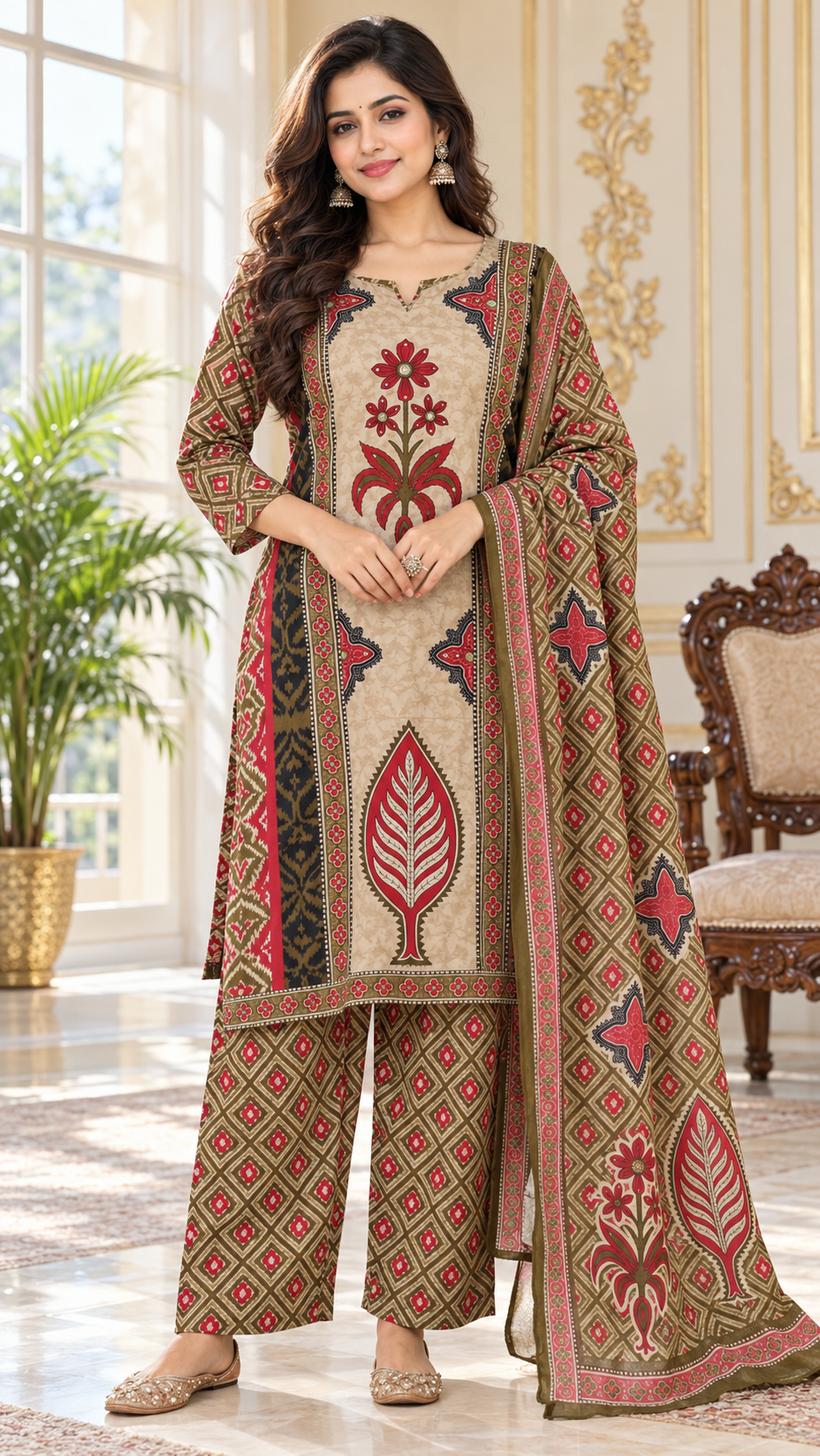 Women Beige Embroidered Cotton Kurta Pant Dupatta