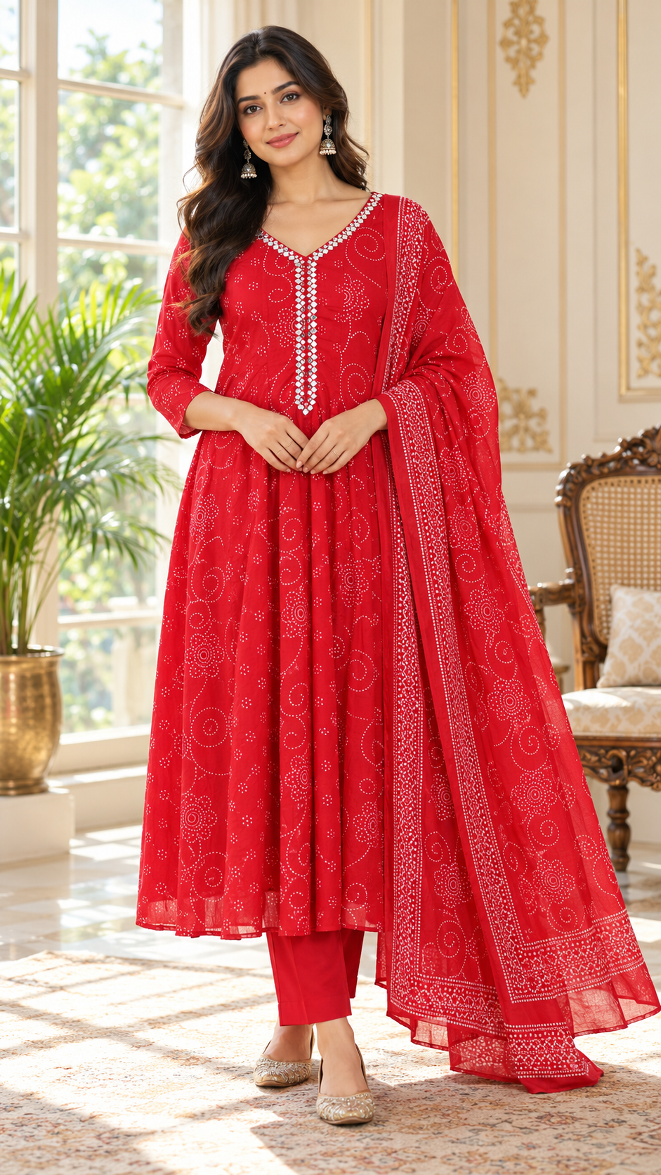 Women Red Embroidered Cotton Kurta Pant Dupatta