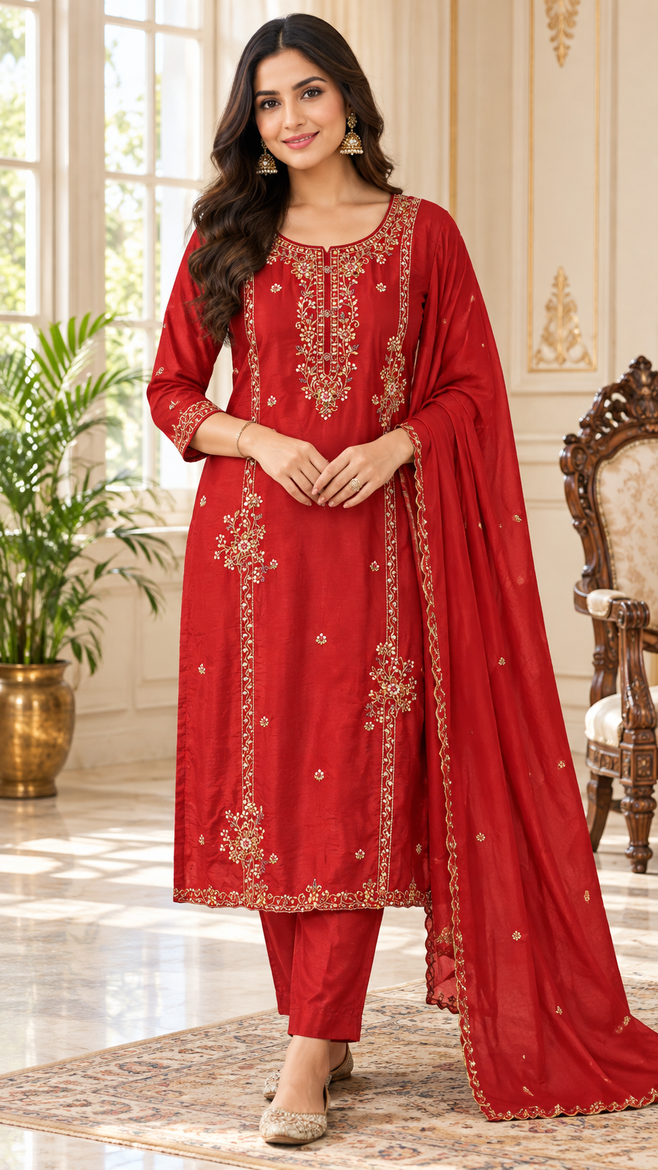 Women Rust Embroidered Other Kurta Pant Dupatta