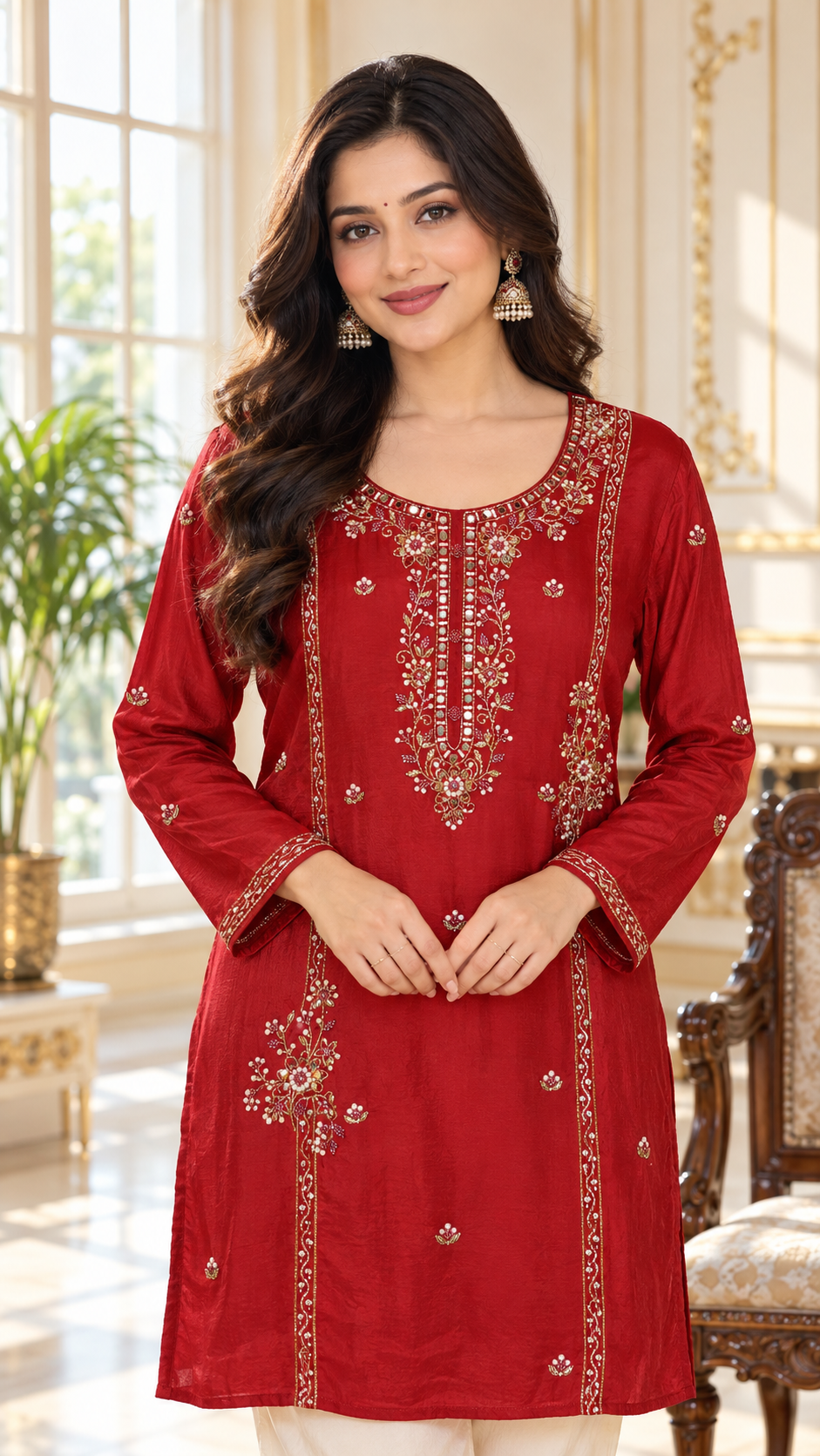 Women Rust Embroidered Other Kurta Pant Dupatta