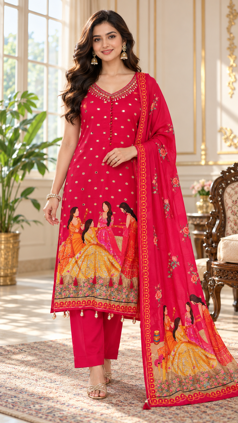 Women Pink Mirror Other Kurta Pant Dupatta