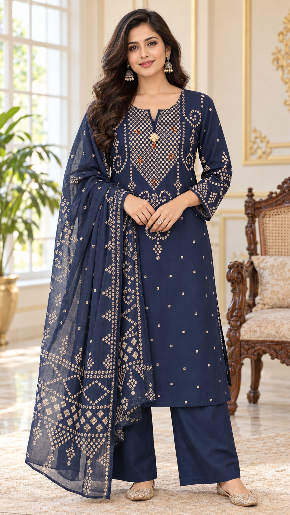 Women Blue Printed Cotton Kurta Pant Dupatta