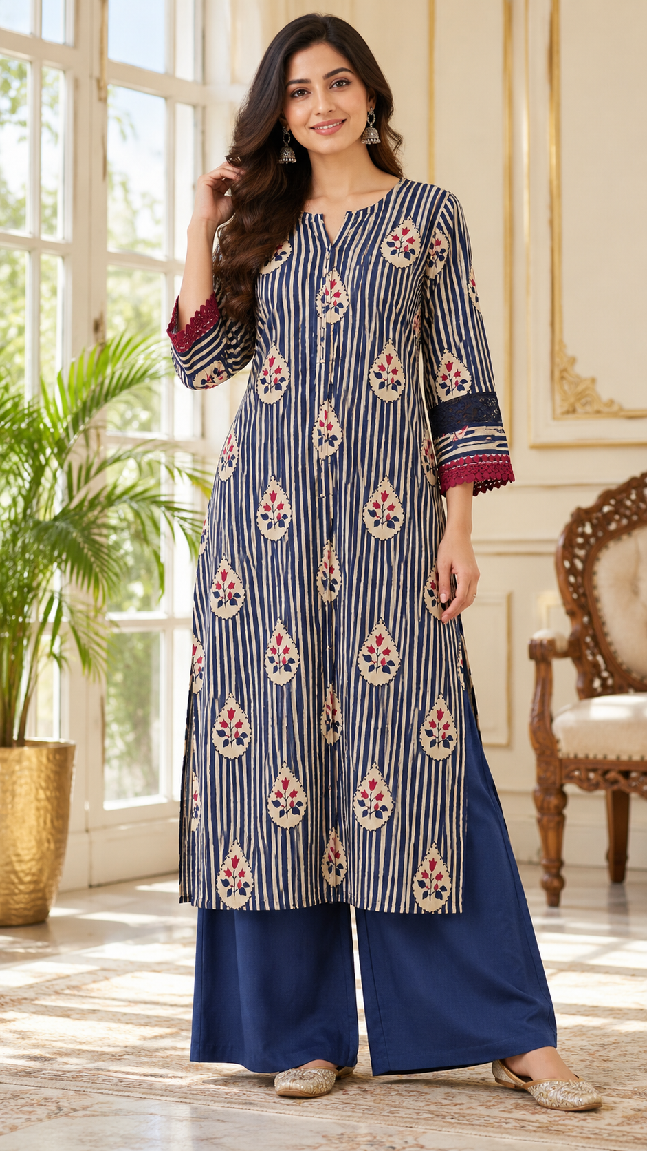 Women Blue Printed Cotton Kurta Pant Dupatta