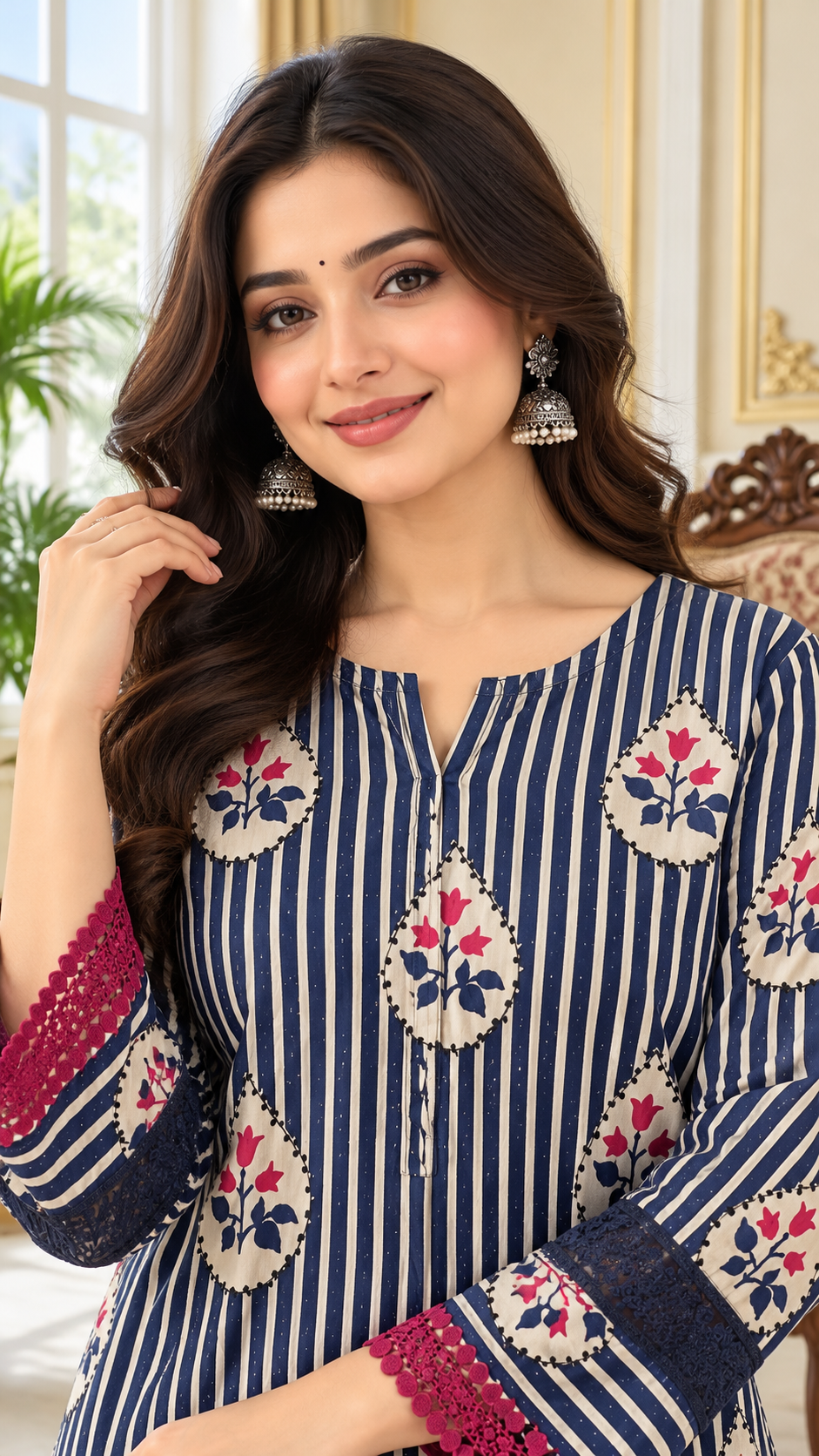 Women Blue Printed Cotton Kurta Pant Dupatta