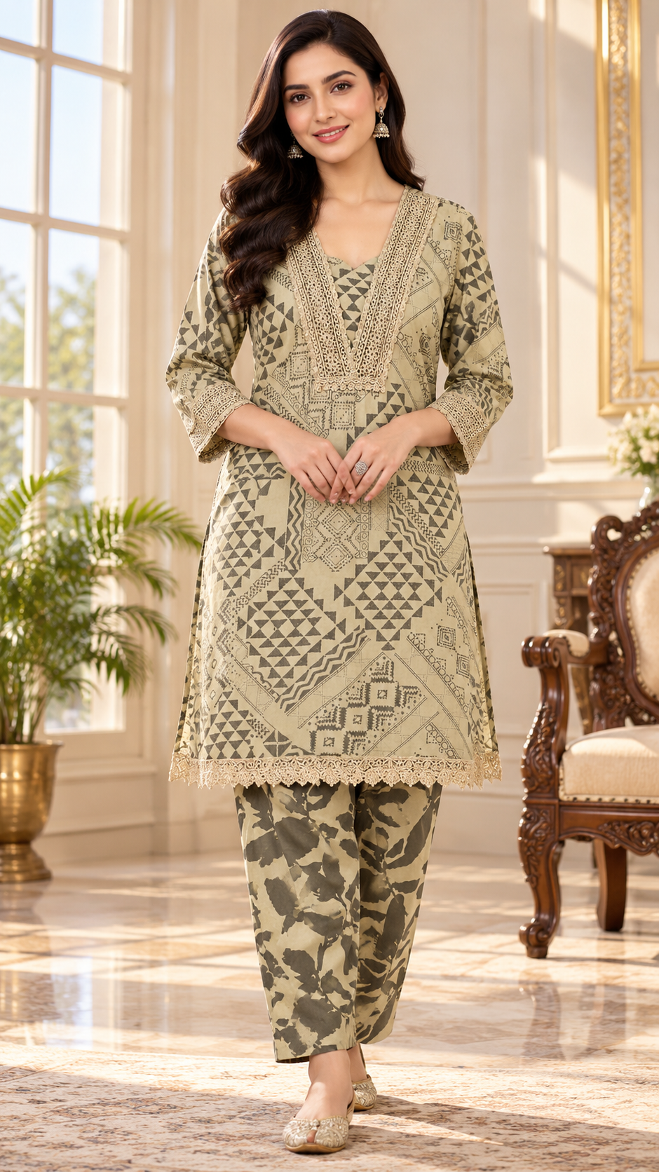 Women Beige Embroidered Cotton Kurta Pant