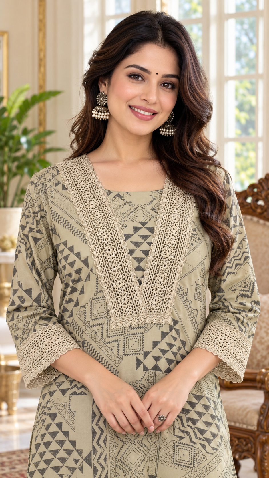 Women Beige Embroidered Cotton Kurta Pant