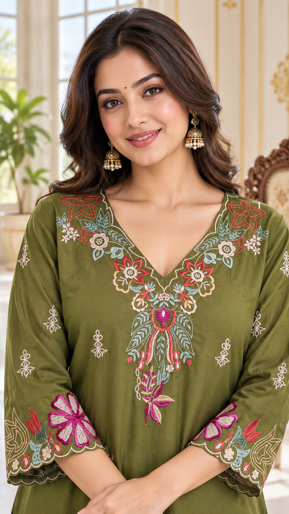 Women Mehandi Embroidered Cotton Kurta Pant Dupatta