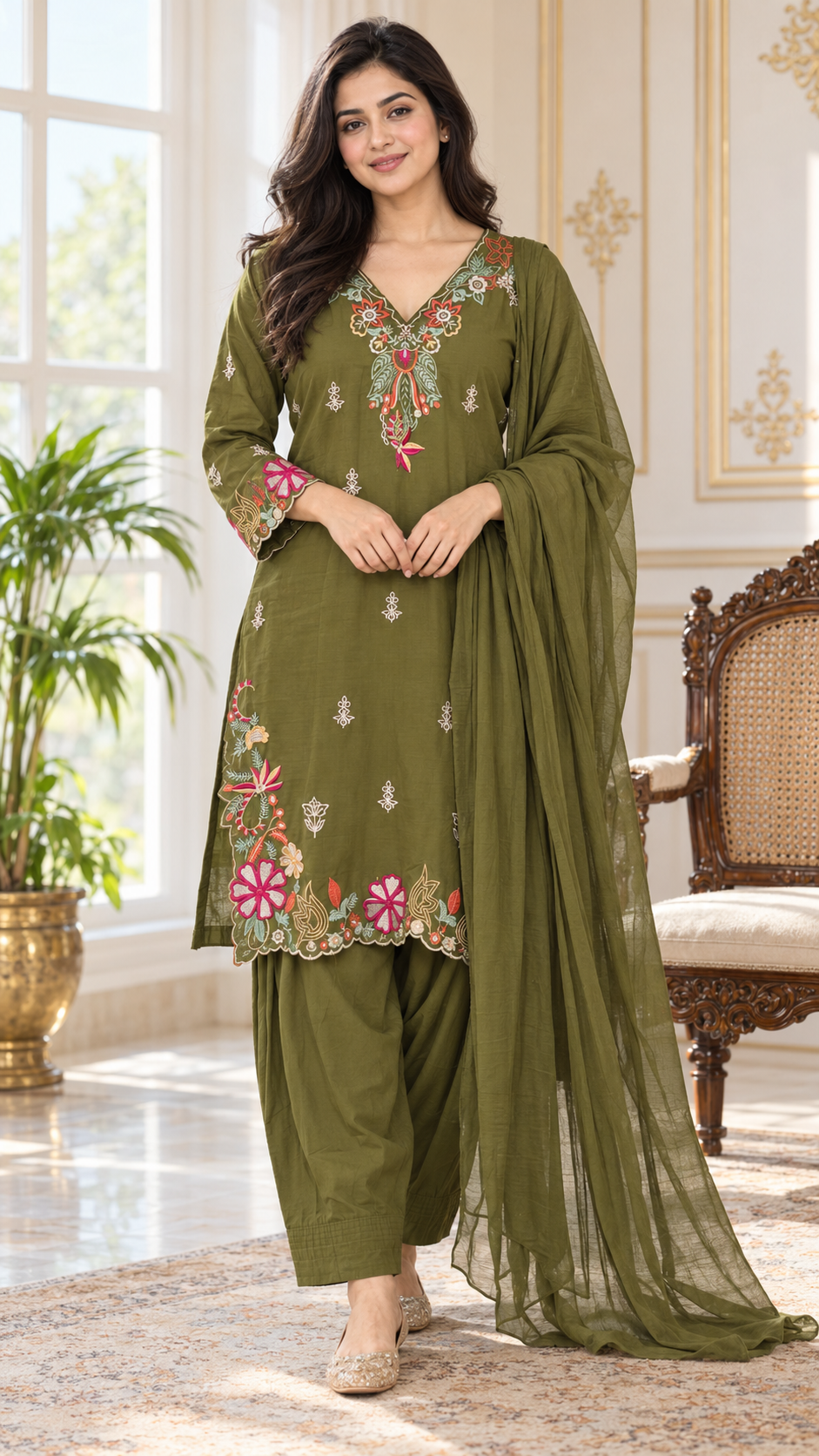 Women Mehandi Embroidered Cotton Kurta Pant Dupatta