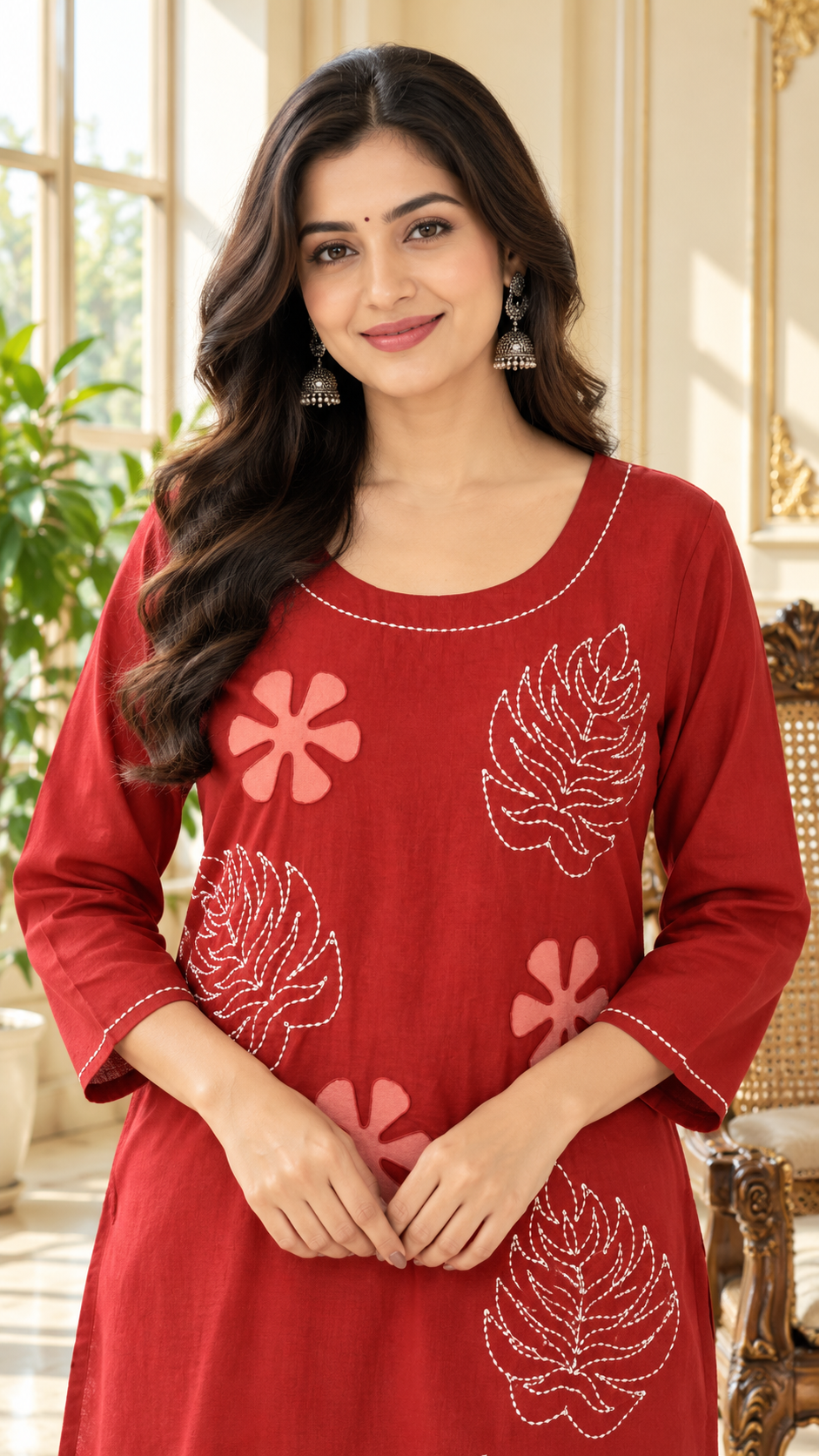 Women Red Embroidered Cotton Kurta Pant Dupatta