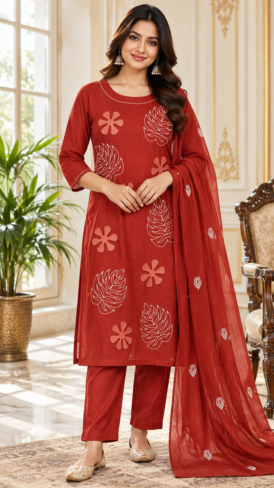 Women Red Embroidered Cotton Kurta Pant Dupatta