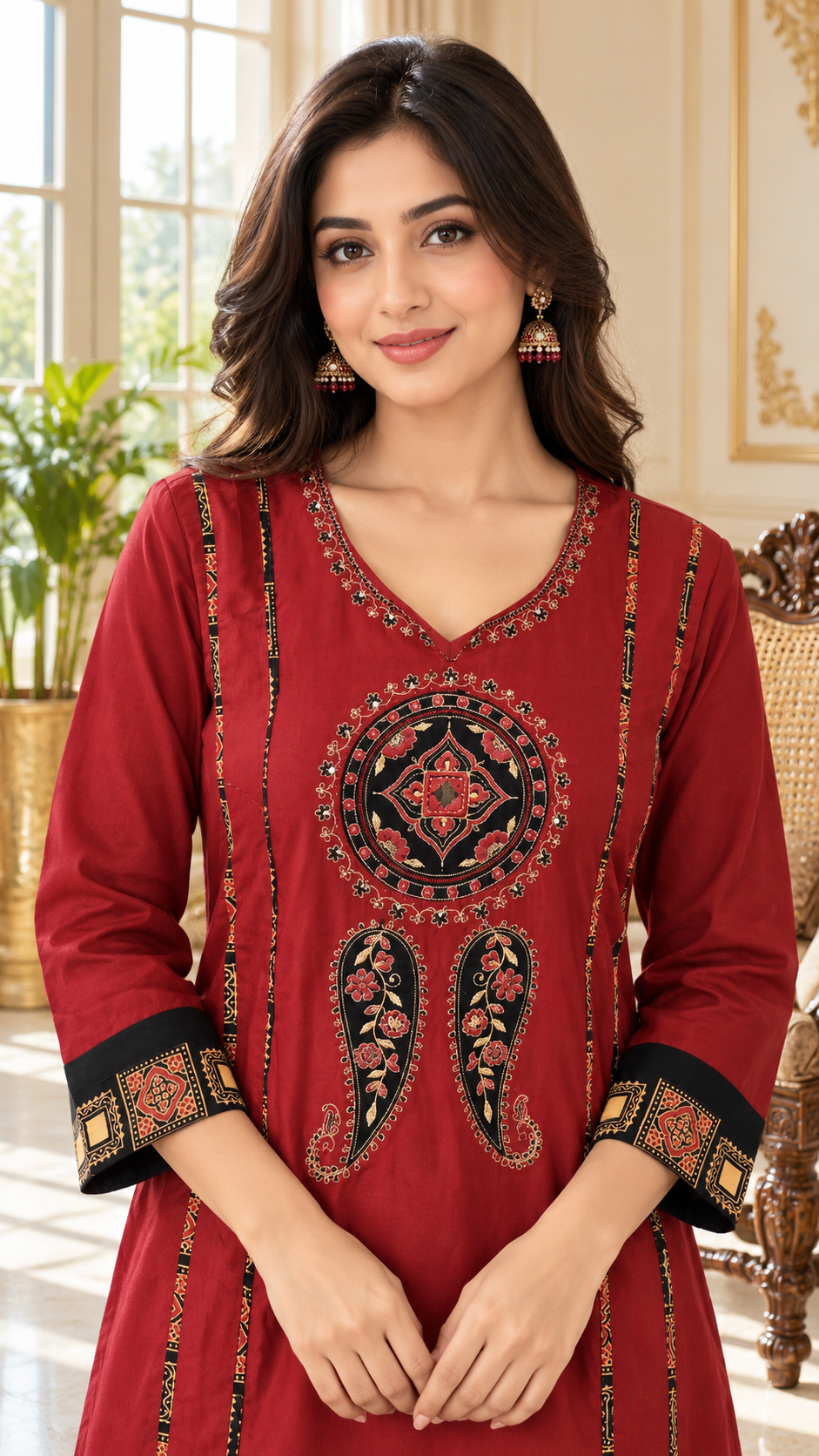 Women Brown Embroidered Cotton Kurta Pant Dupatta