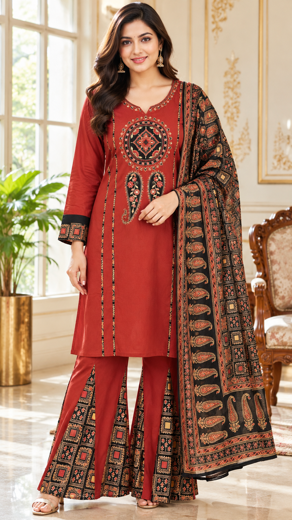 Women Brown Embroidered Cotton Kurta Pant Dupatta