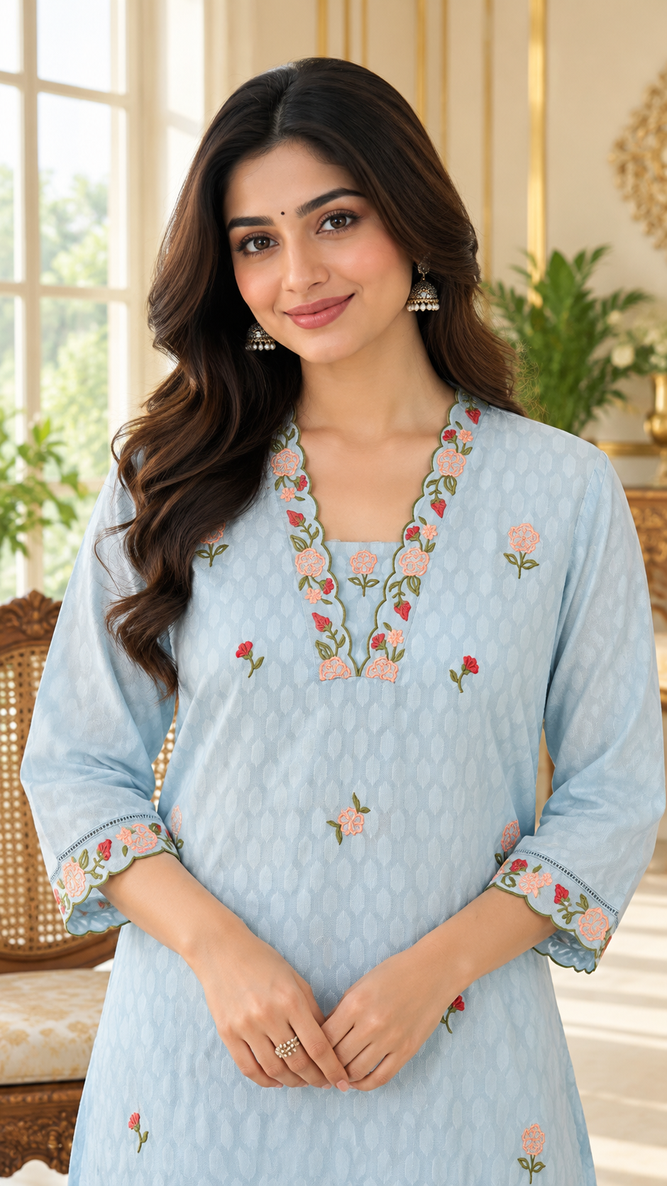 Women Sky Blue Embroidered Cotton Kurta Pant Dupatta