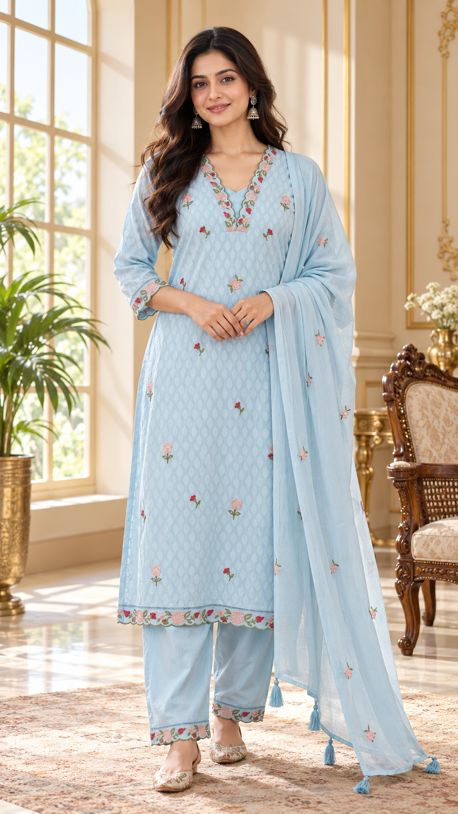 Women Sky Blue Embroidered Cotton Kurta Pant Dupatta