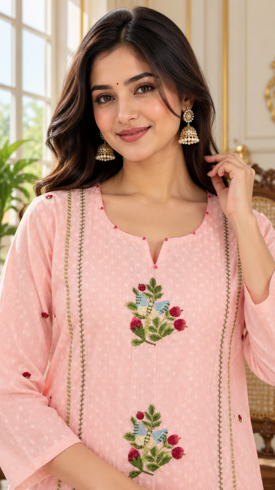 Women Pink Embroidered Cotton Kurta Pant Dupatta
