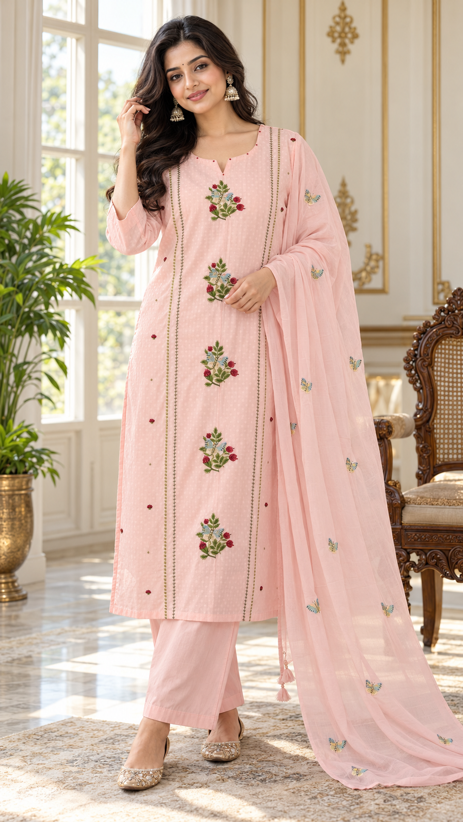 Women Pink Embroidered Cotton Kurta Pant Dupatta