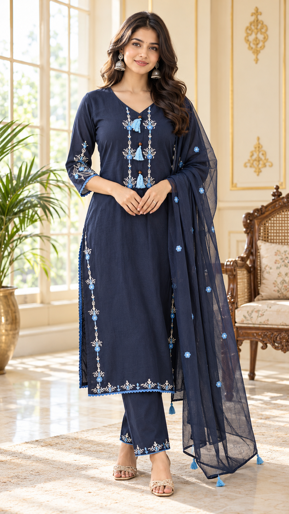 Women Blue Embroidered Cotton Kurta Pant Dupatta