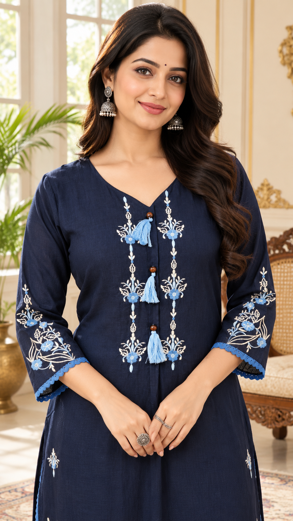 Women Blue Embroidered Cotton Kurta Pant Dupatta