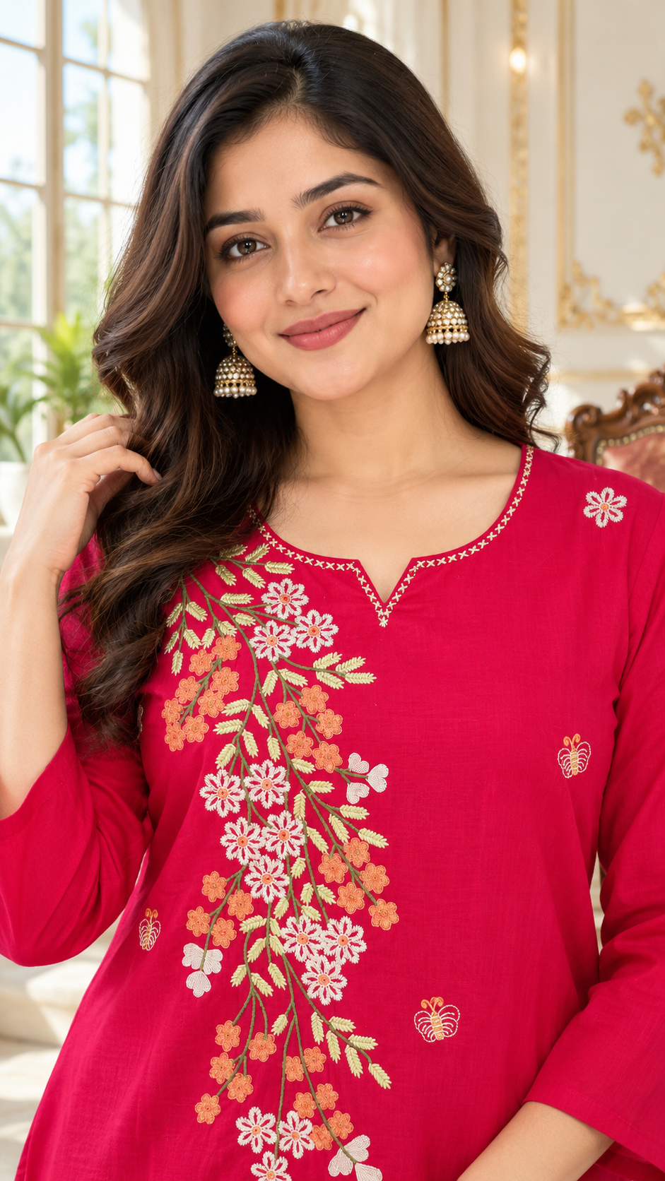Women Pink Embroidered Cotton Kurta Pant Dupatta