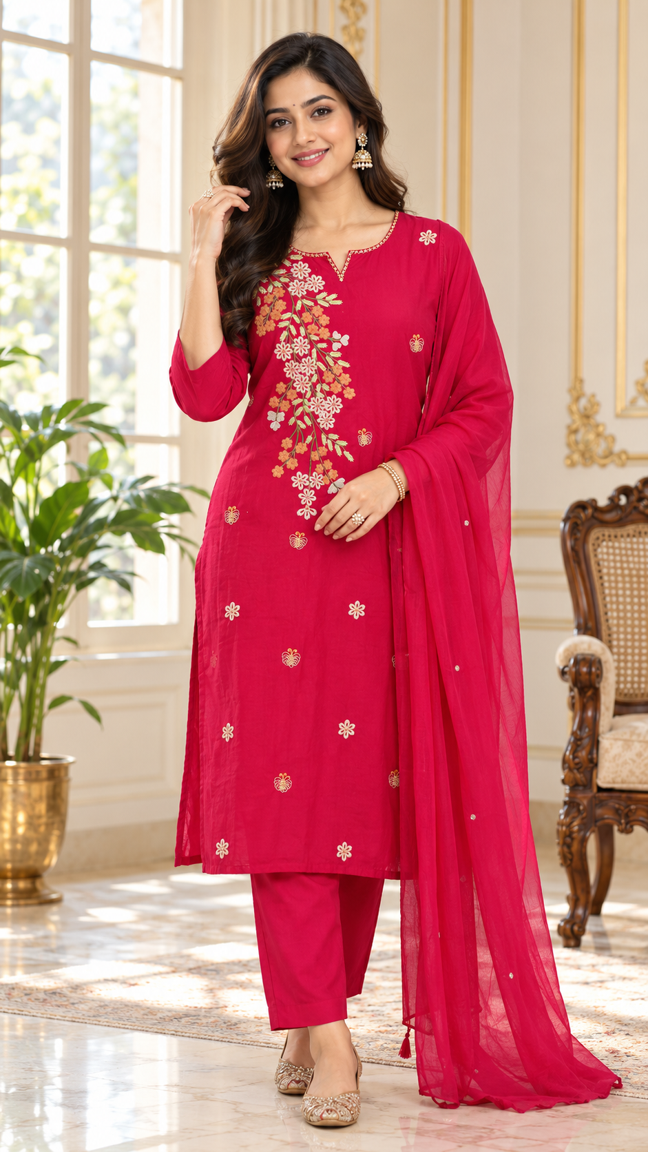 Women Pink Embroidered Cotton Kurta Pant Dupatta
