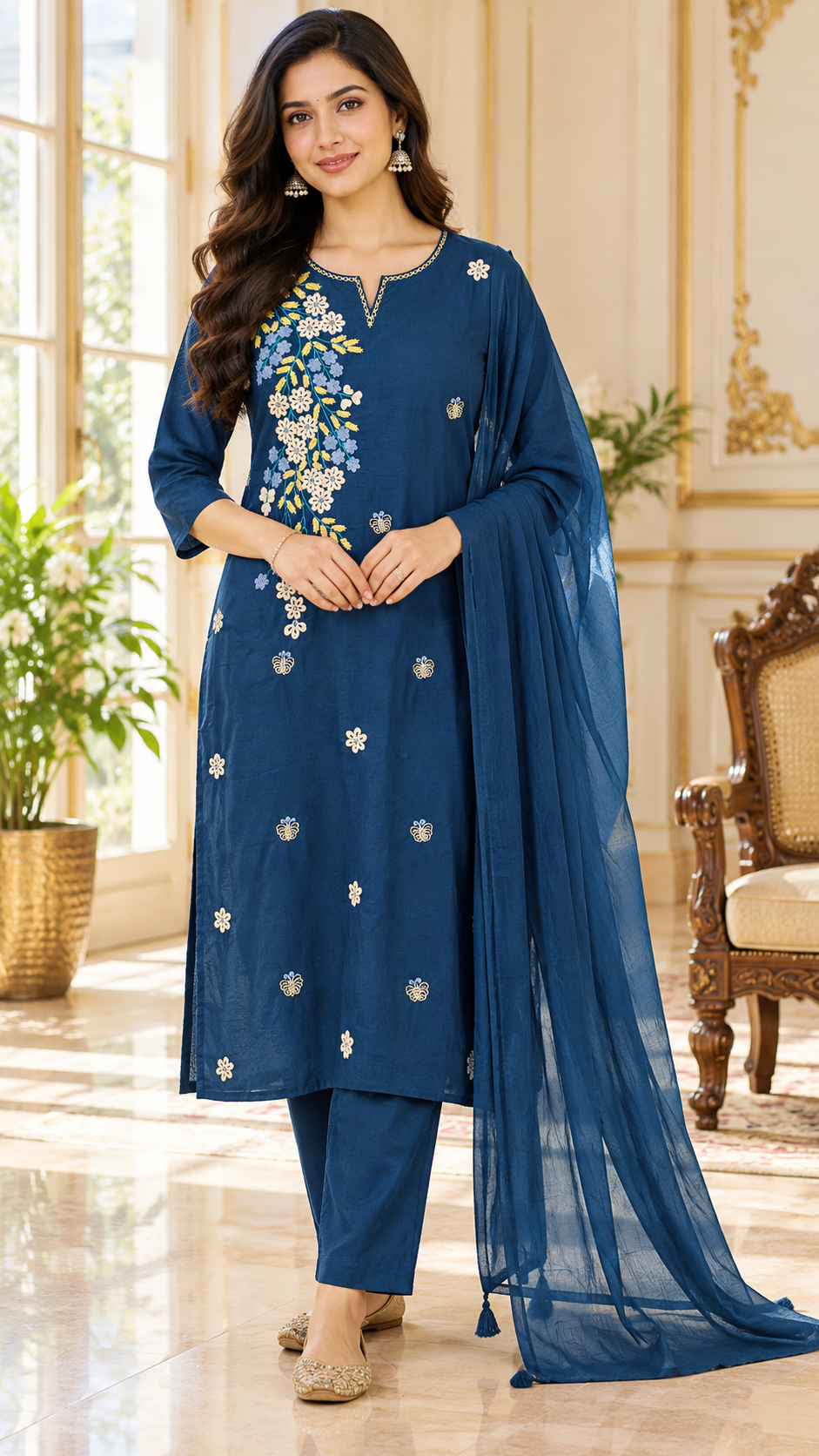 Women Blue Embroidered Cotton Kurta Pant Dupatta