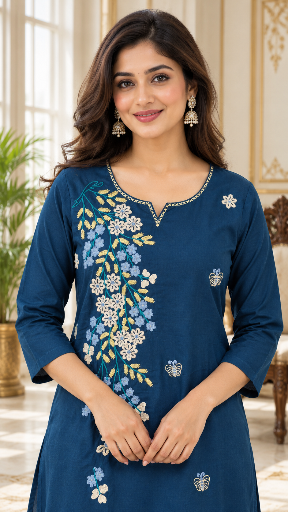Women Blue Embroidered Cotton Kurta Pant Dupatta