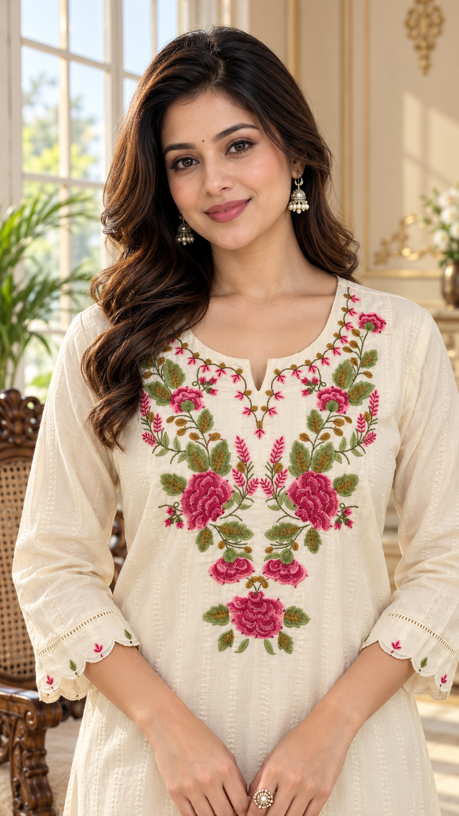 Women Beige Embroidered Cotton Kurta Pant Dupatta