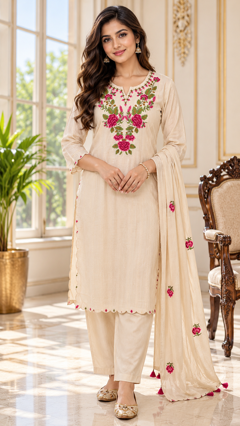 Women Beige Embroidered Cotton Kurta Pant Dupatta