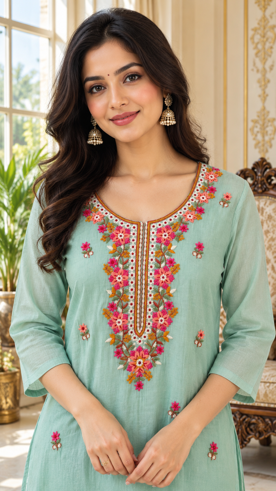 Women Mineral Green Embroidered Cotton Kurta Pant Dupatta