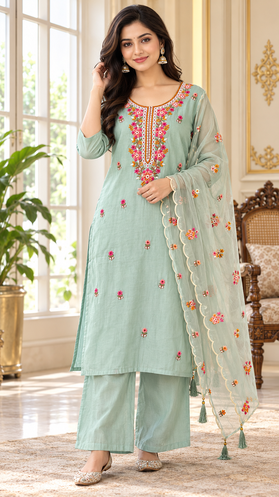 Women Mineral Green Embroidered Cotton Kurta Pant Dupatta