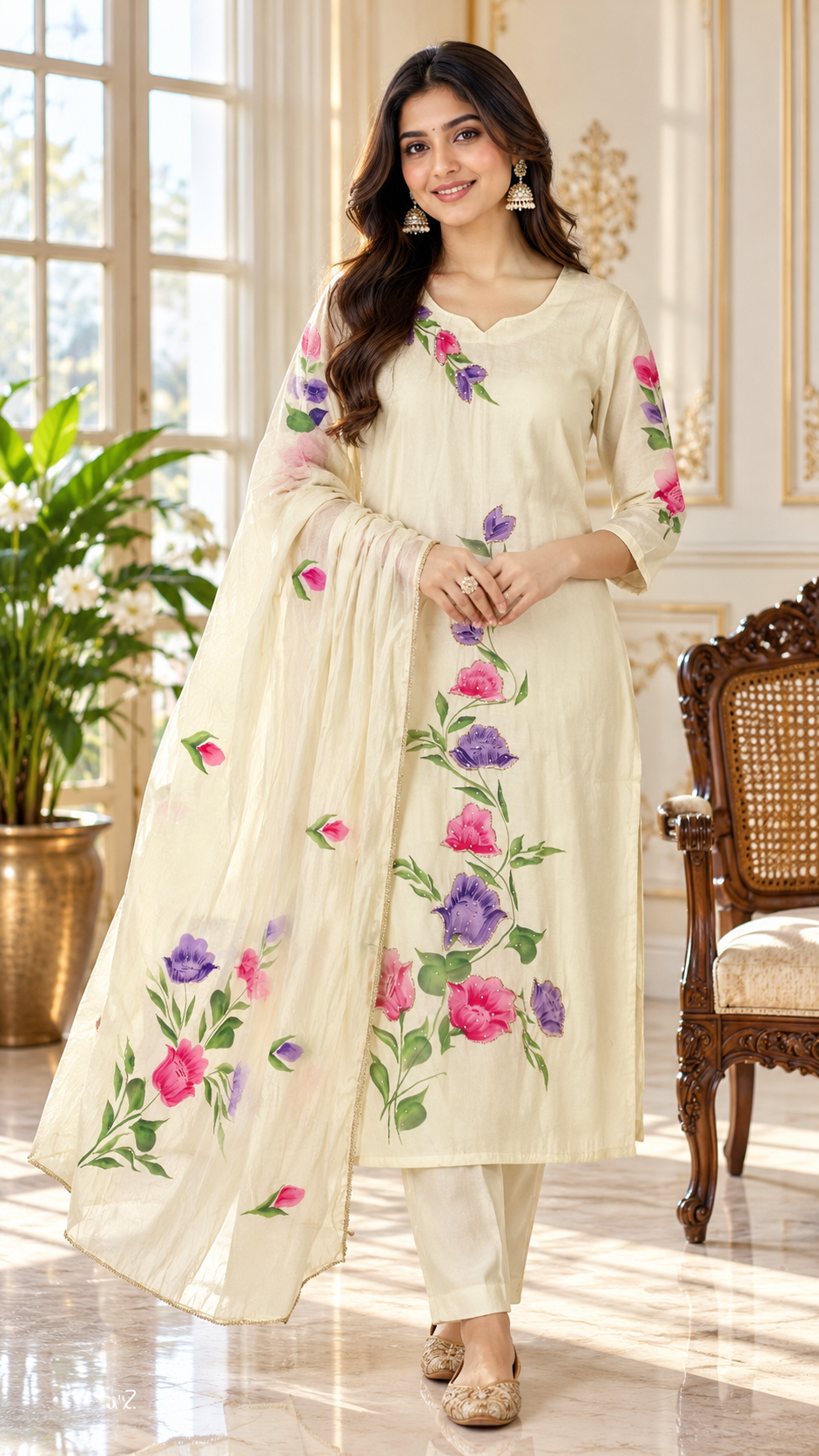 Women Beige Embroidered Silk Kurta Pant Dupatta