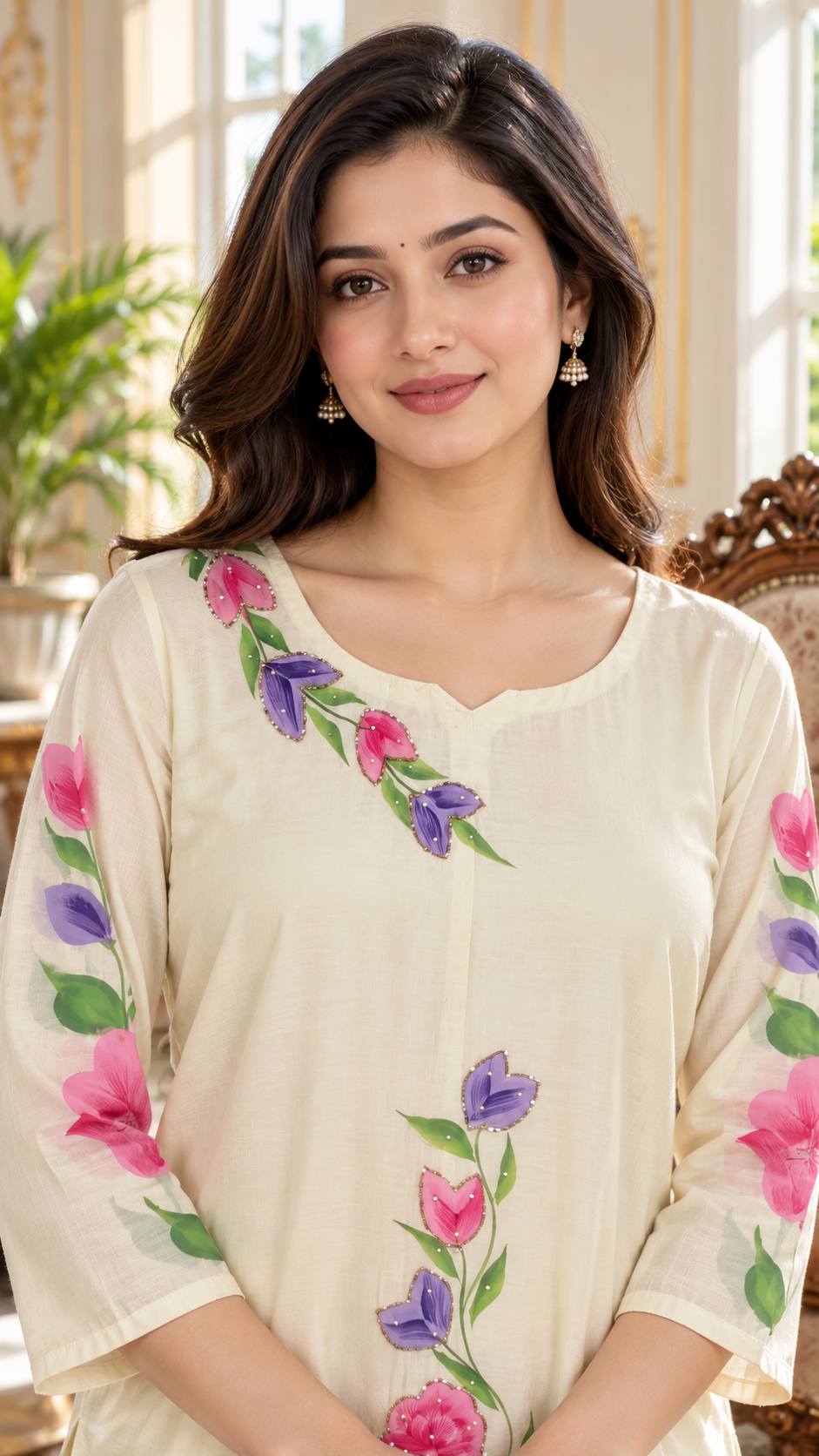 Women Beige Embroidered Silk Kurta Pant Dupatta