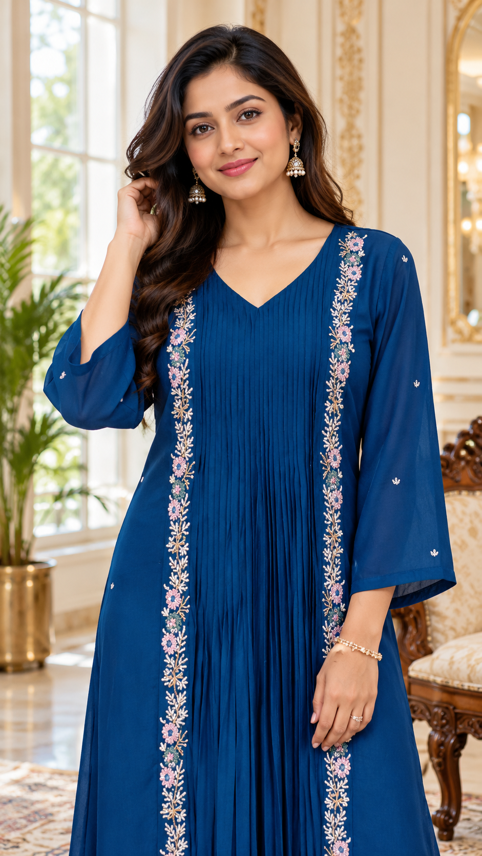 Women Blue Embroidered Cotton Kurta Pant Dupatta