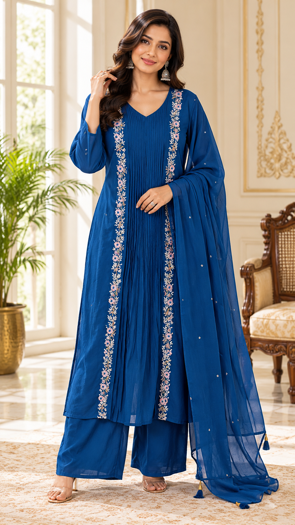 Women Blue Embroidered Cotton Kurta Pant Dupatta