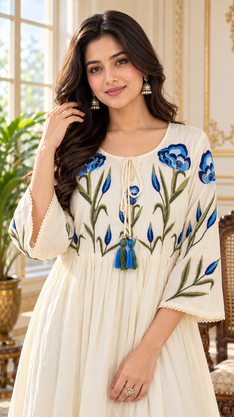 Women White Embroidered Cotton Kurta Only