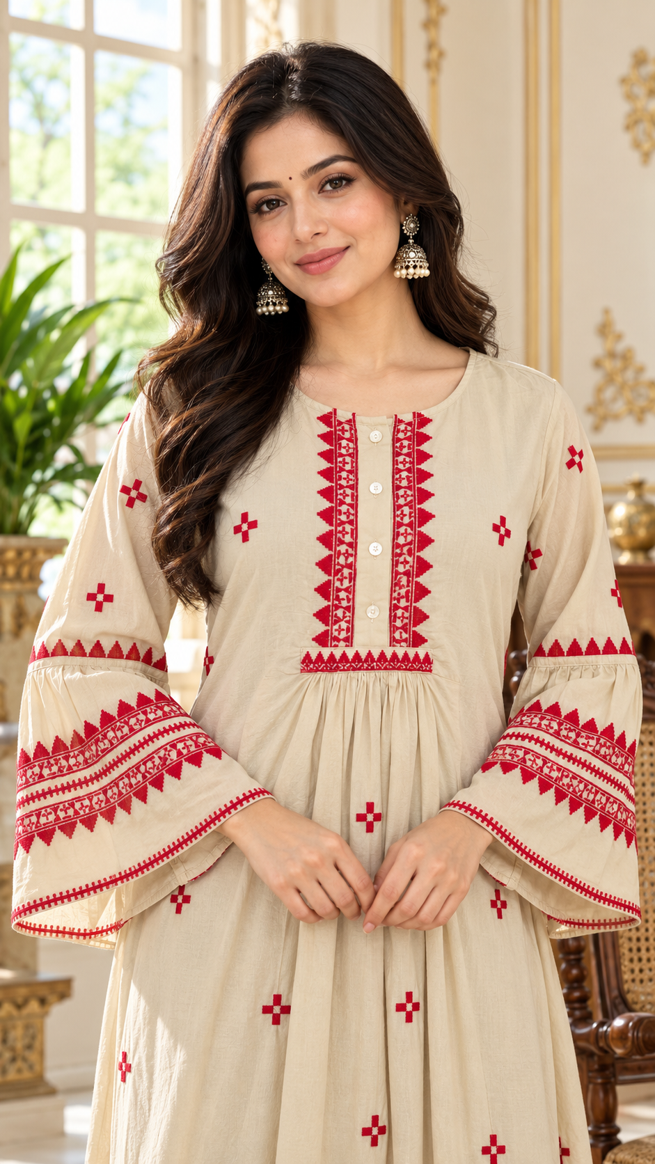 Women Beige Embroidered Cotton Kurta Only