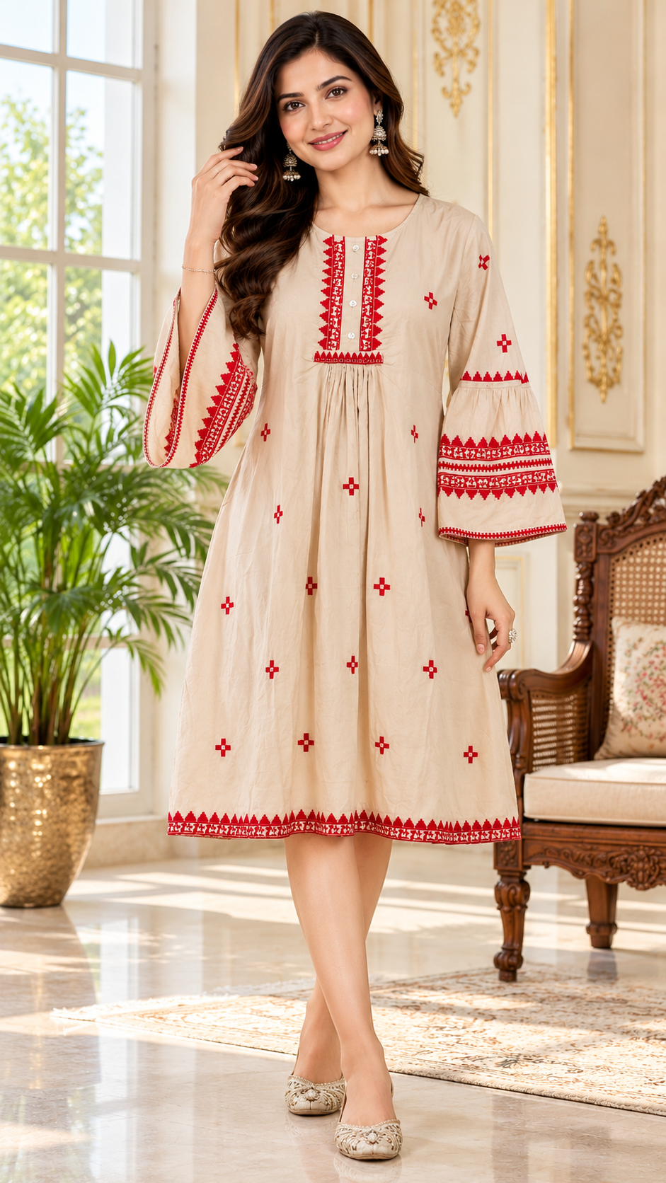 Women Beige Embroidered Cotton Kurta Only