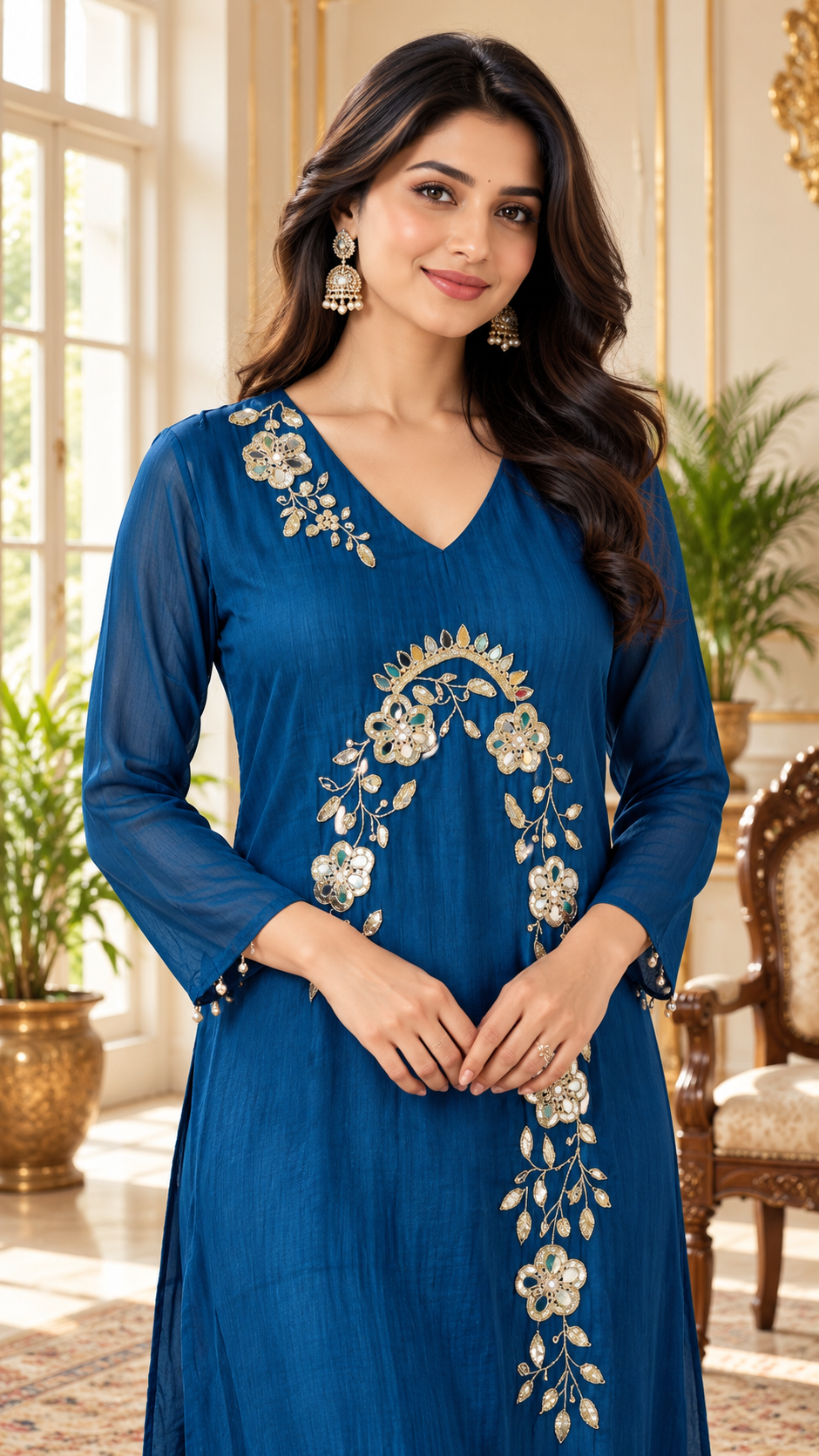 Women Blue Mirror Silk Kurta Pant Dupatta